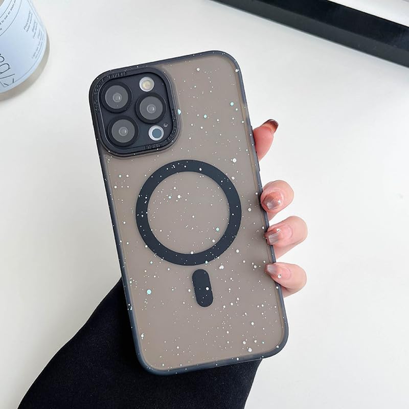 LuxuryKase Mag-Safe Compatible Silicone Shockproof Case for iPhone 14 Pro Max – Matte Transparent Back Cover with Speckled Paint Design | Camera Protection – Black