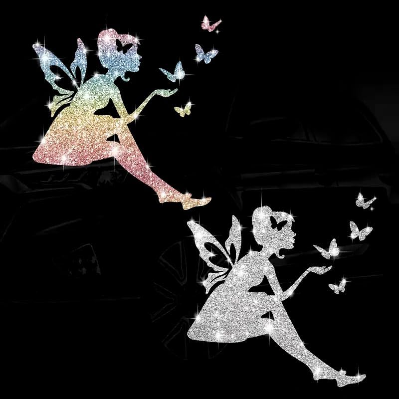 2PCS Sparkling Butterfly Elf Self-Adhesive PVC Rainbow Glittery Decal Sticker for Cars, Laptops, Trucks, Motorcycles Wall Window Luggage Scratch Cover Door Multi-Surface Decor Sticker