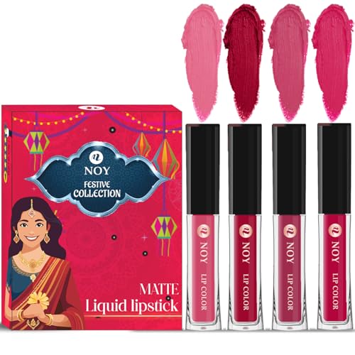Image of Noy Liquid Matte Festival Collection Pack of 4 Luxe Shades Peach, Cherry Pink, Pruple, Magenta Shades