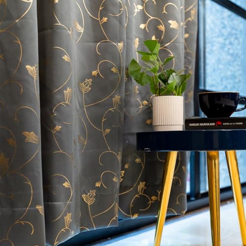 Image of Urban Space 80-85% True Blackout Curtains for Window, Gold Foil Printed Blackout Curtains, Decorative Window Curtain Eyelet with Tieback, 1 Piece Curtain for Living Room(Floral Vine Grey, 5 Feet)