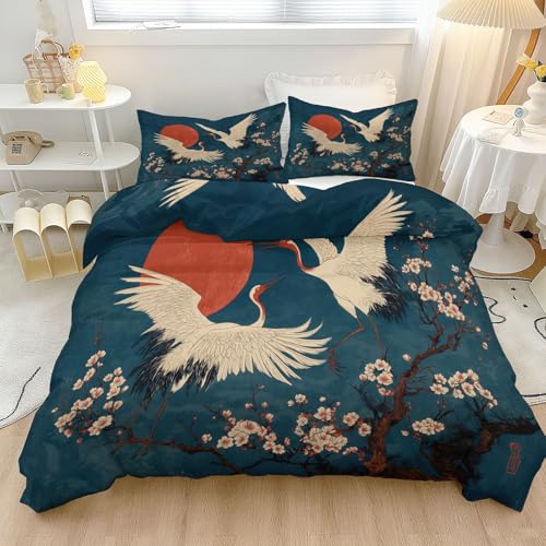 Funda Nordica para Cama 105 - Estampado Japonés Pájaros Flores De Cerezo Juego de Ropa de Cama de 3 Piezas 200 x 200 cm, Azul Oscuro Reversible Suave Microfibra Ropa Cama para Niño Adolescente