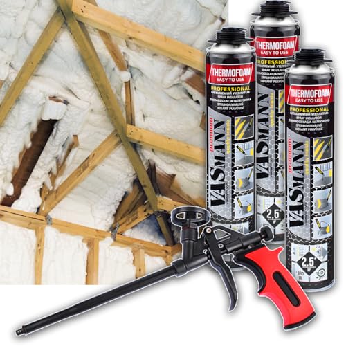 VASmann Sprühdämmung 3x890ml + Pistole Dachdämmung Zwischensparrendämmung Kellerdeckendämmung Vielseitige Isolationslösungen - Effektive Wärmedämmung EPS / XPS Dämmung (7,5m2 + Pistole)