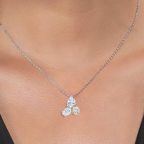 Gem Stone King 925 Silver and 10K Yellow Gold White Moissanite 3 Stone Pendant Necklace for Women | 2.55 Cttw | Gemstone Birthstone | Pear Shape 8X6MM | Oval 7X5MM | Round 5MM | with 18 Inch Chain4