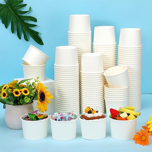 Image of Nuenen 300 Pcs 8 oz Summer Ice Cream Paper Cups Bulk Disposable Dessert Cups Solid Color Paper Dessert Bowls for Snack Sundae Spring Party Favors Ice Cream Bar Supplies (White)