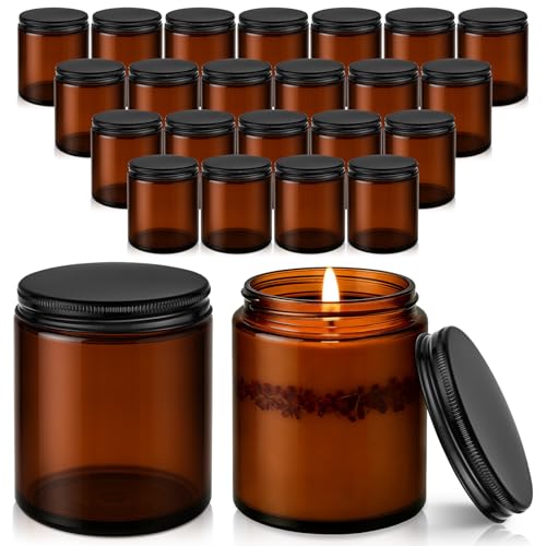 Bumobum 24 Pack 8 oz Amber Glass Candle Jars for Making Candle Thick Glass Jars with Metal Lids Bulk Empty Small Food Storage Containers for Spice Powder Lotions Leak-Proof UV Protection