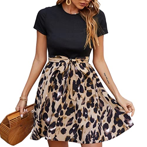 Vestido de verão feminino Vestido de patchwork de leopardo Vestido de férias Vestido de renda Vestid