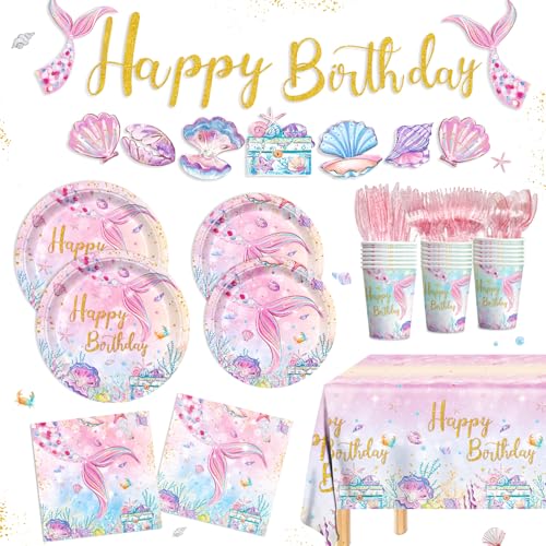 Jvorfdg 2024A-MRY-24-9 170Pcs Mermaid Birthday Party Supplies Paper Plates Napkins Under The Sea Tablecloth Banner Disposable Cup Tableware Set cover