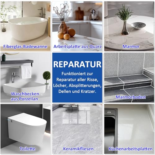 Keramik Reparaturset Waschbecken, Quadence Emaille Reparaturset für Porzellan, Keramik, Acryl, von Rissen, Sprüngen und Löchern auf Fliesen/Waschbecken/Duschwanne/Badezimmer (Farbübereinstimmung)