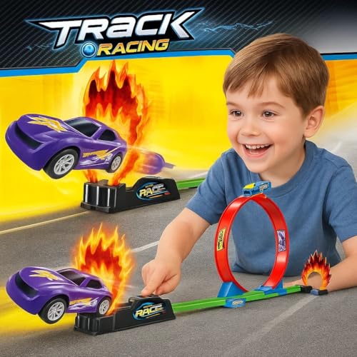 Image of Goyal's Track Racer Car Toy Set for Kids Age 3-12 Years | 360 Loop Stunt Track with Flame Jump | Inertia Powered Launcher Car Racing Play Set | DIY Assembly for Boys & Girls