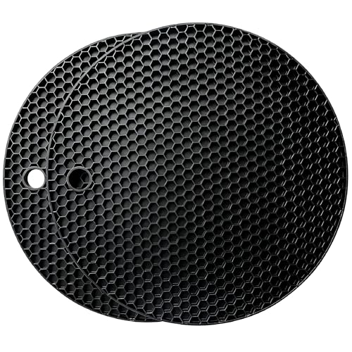 Extra Thick Non-Slip Silicone Trivets 18cm, Set of 2 Round (Black) - Heat Resistant Mats with Hanging Hole for Hot Pans, Worktops & Kitchen, Multi-Purpose Anti-Slip Pad