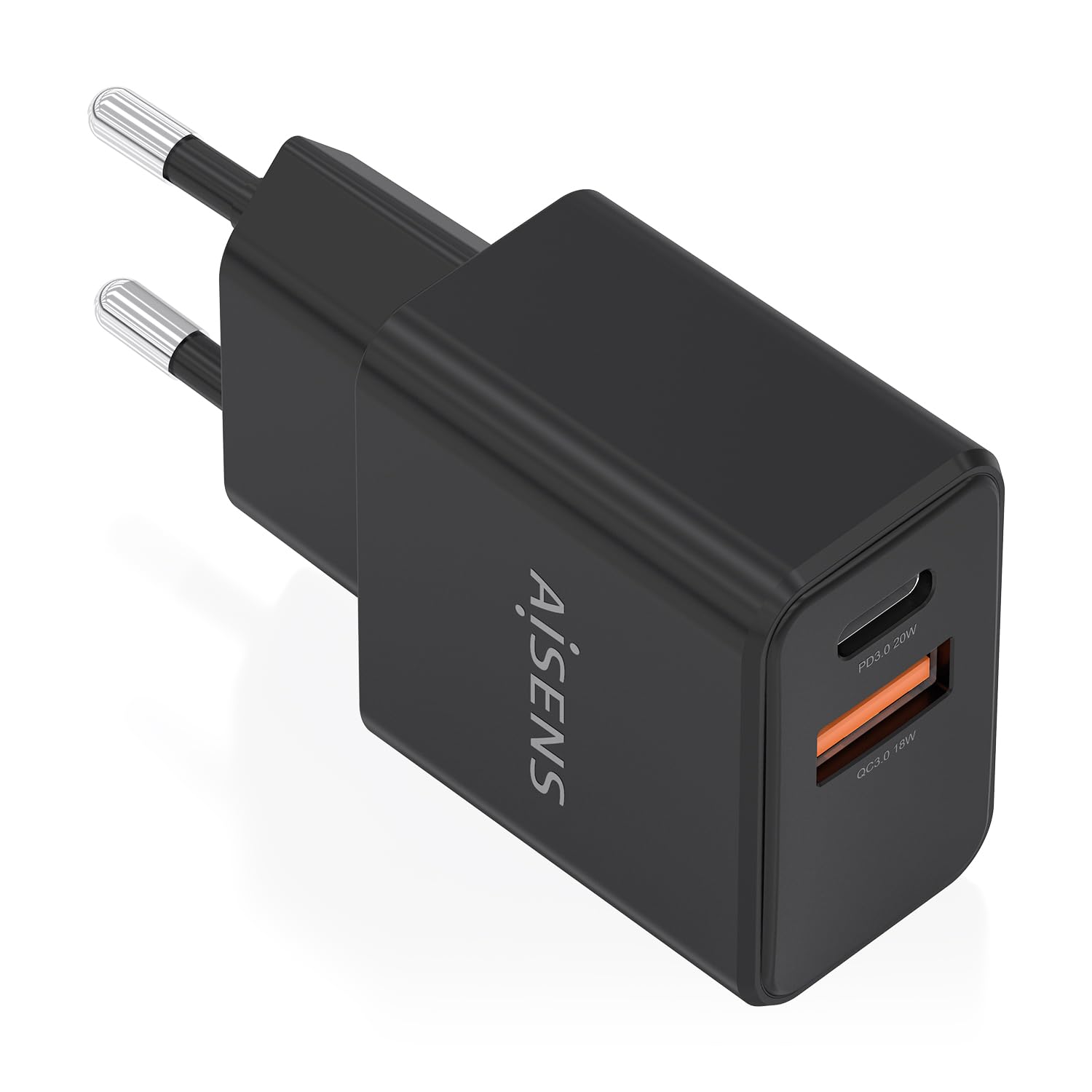 Cargador de Pared GaN Aisens A110-1026/ 1xUSB Tipo-C/ 1xUSB/ 20W/ Negro