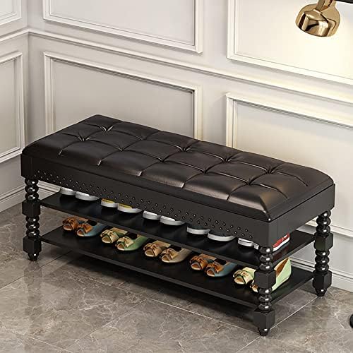 Storage Shoe Bench 2-Tier Shoe Storage Leather Seat Long Shoes Bench Shoe Changing Stool Storage Bench with Padded Seat for Entryway Living Room and Corridor(30 * 30 * 48cm, B)