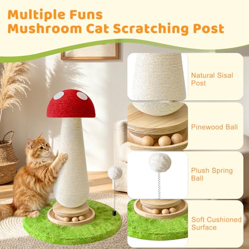 Image of Homegroove Mushroom Cat Scratching Post, Cute Cat Scratcher Post with Large Stable Round Base, Sisal Cat Scratching Posts for Indoor Cats Adults (Mushroom, Large)