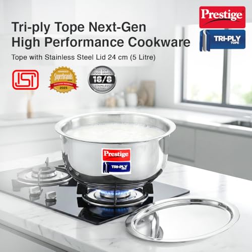 Image of Prestige 24cm /5L Tri-Ply Stainless Steel Tope with Lid|Gas and Induction Compatible| Even Heat Distribution|Strong and Durable| 5 Years Warranty