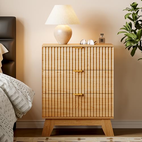 Image of BORNOON Fluted 3 Drawer Dresser, 30.3 inch Tall Compact Modern Boho Chest of Drawers, Wooden Storage Cabinet for Bedroom, Living Room, Entryway, Curved Profile Design