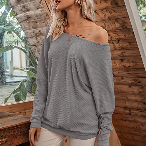 Domary T-shirt feminina com decote O-pescoço de morcego manga comprida nervurada solta streetwear fe