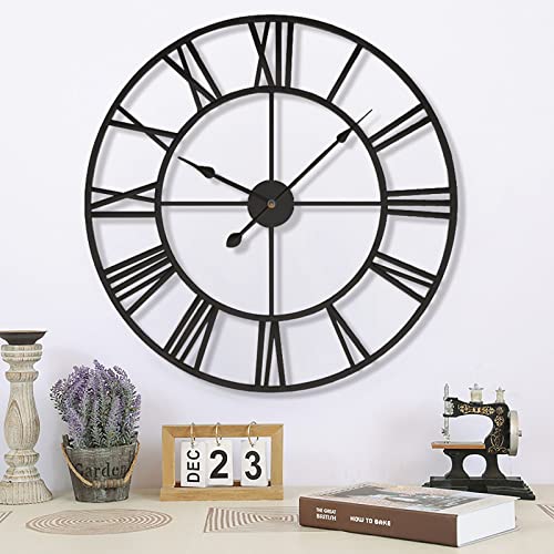 Eurson Large Wall Clocks Non-Ticking Silent 24 Inch Battery Operated Oversized Metal Round Roman Numerals European Industrial Wall Clocks For Home Kitchen Living Room Office Decor (24 Inch, Black) #TOP6