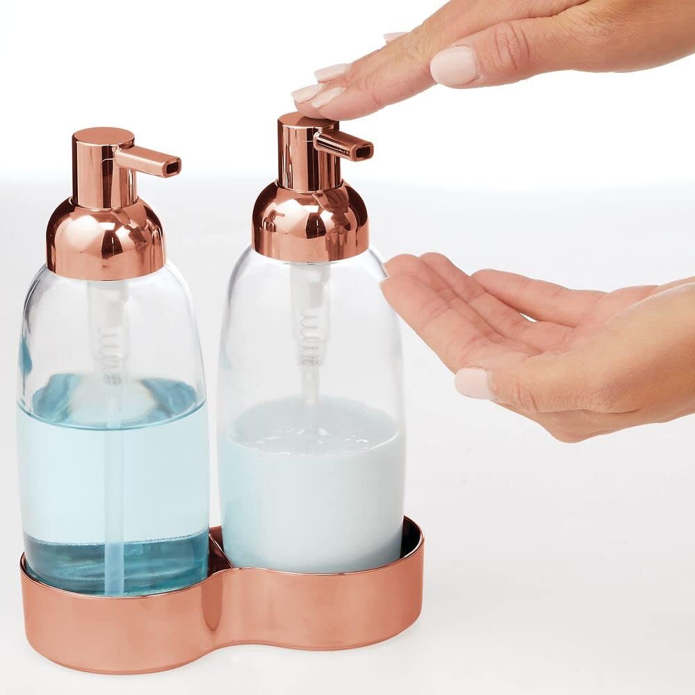 mDesign Double Liquid Hand Soap Dispenser Pump Bottle with Removable Base for Kitchen, Bathroom; Used for Hand Lotion & Essential Oils - Clear/Rose Gold