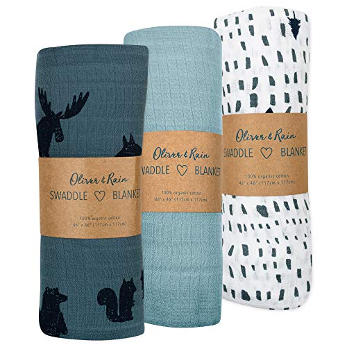 Image of Oliver & Rain Organic Muslin Baby Boy Swaddle Blankets 3 Pack Receiving Blanket Wolf & Tree Prints