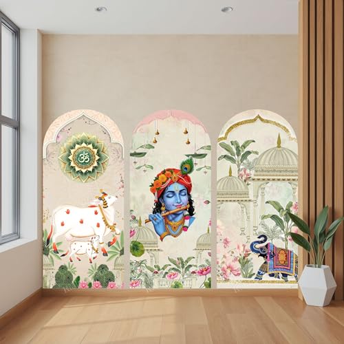 Image of Ridit Creation Lord Krishna Spiritual Wall Poster Set of 3 with Om Symbol, Cow and Elephant Temple Arch Design | Religious Wall Art Poster for Living Room, Pooja Room, Mandir Decoration | Modern Indian Decorative Wall Posters