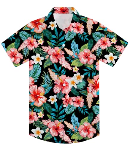 RAISEVERN Boys Button Down Shirts Hawaiian Cartoon Print Slim-Fit Short Sleeve Cool Dress Shirt Cute Top for Kids(2-10T), D01 Hawaiian, 6-7 Years