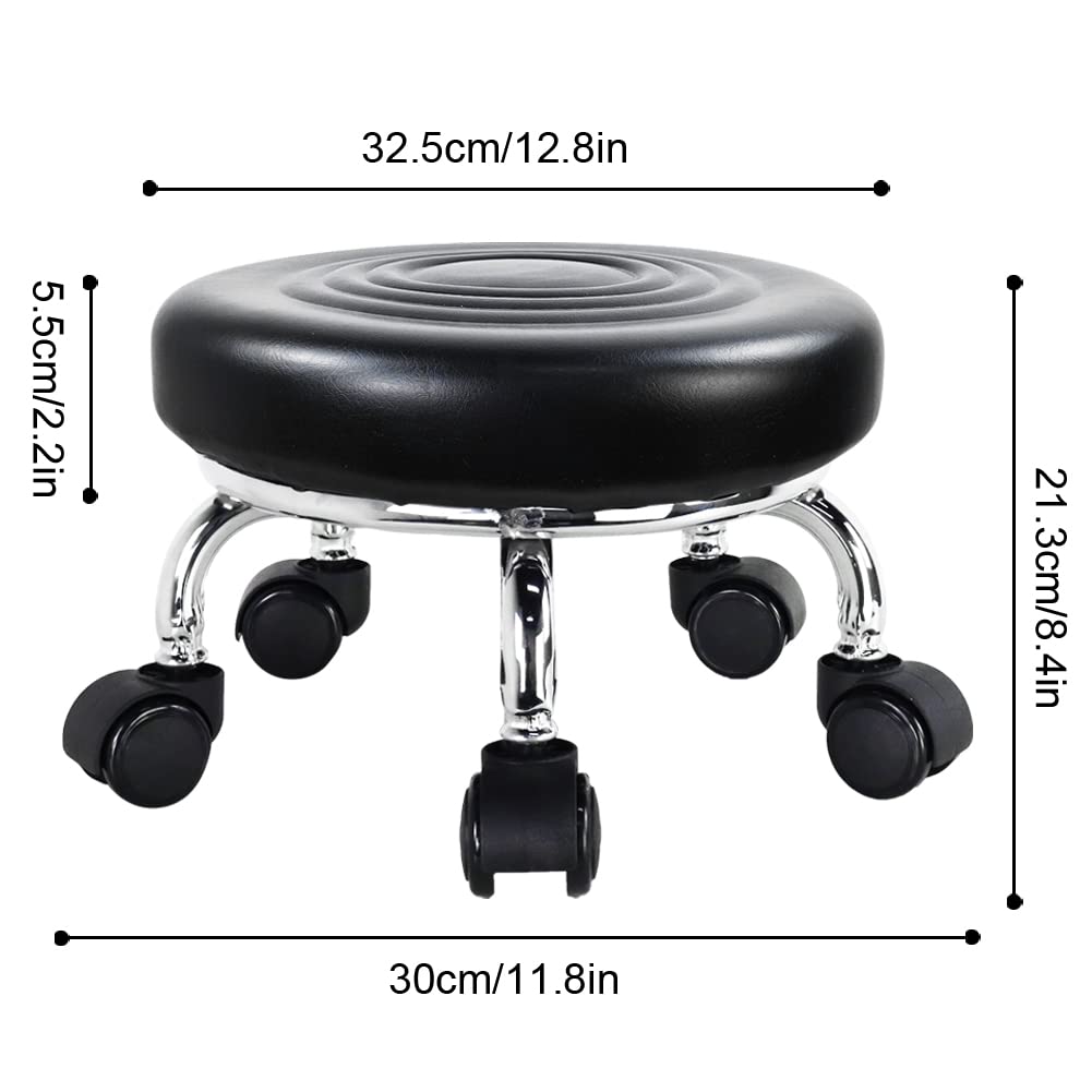 WKWKER moderno sedile a rullo in pelle PU basso rotonda sgabello girevole piccolo sgabello con ruote girevoli universali per home office garage negozio fitness sport, H: 21,3 cm (nero)