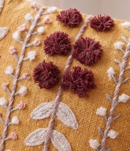 Image of Furnistitchs Handmade Cotton Bohemian Home Decor Cushion Cover 24x24 inches / 60x60 cms - Boho Chic Couch Sofa Throw Living Room Bedroom Cushions (2, Mustard Cherry Bloom)