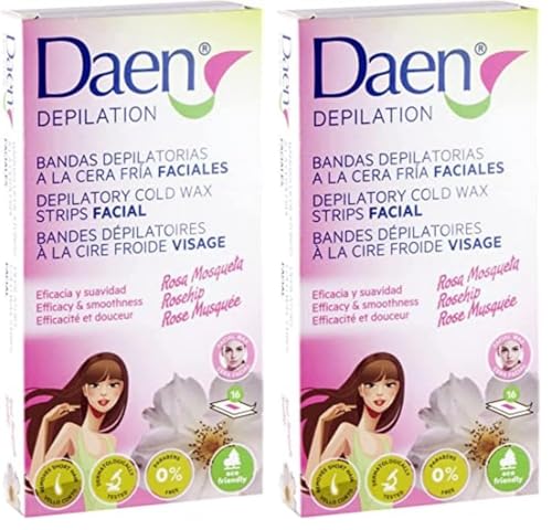 DAEN bandas depilatorias faciales cera fría rosa mosqueta 16 uds (Paquete de 2)