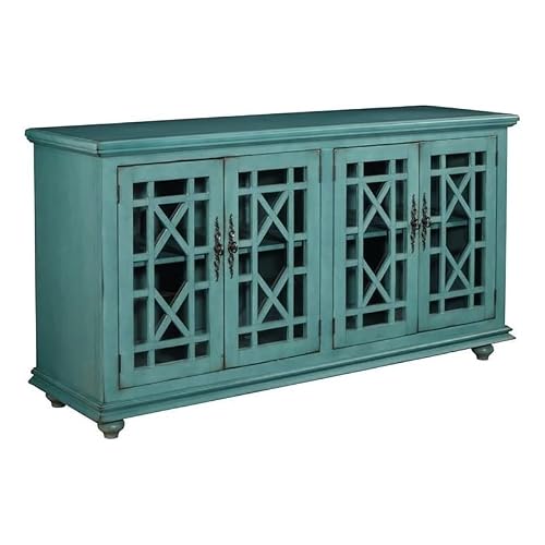 Bowery Hill 63" Tv Stand With Glass Doors, Accent Cabinet With 2 Adjustable Shelves In Antique Teal Green Finish #TOP22