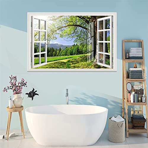 Fake Window Removable Wall Sticker Mural 3D Self-Adhesive Window Poster Decor-24"X35" Sunny Tree Creative Window Decal Wallpaper Peel And Stick Faux Window Picture For Bedroom Living Room Office #TOP2