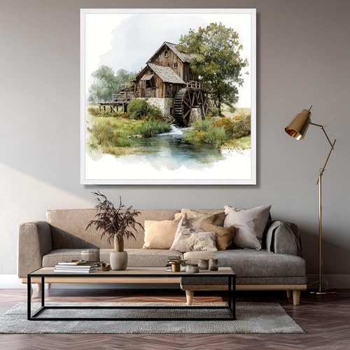 Affiches et tableaux paysage de ferme moulin à eau rustique toile déco murale 60x60