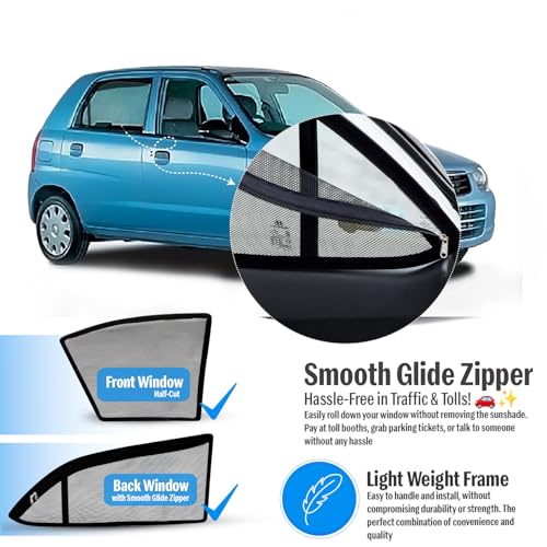 Image of Autofact Magnetic Car Sunshades Compatible with Maruti Alto Old (2000 to 2014) (Set of 4) - Easy Installation, UV Protection (Front 2 Half-Cut for Side Mirror Visibility, Rear 2 with Zippers)