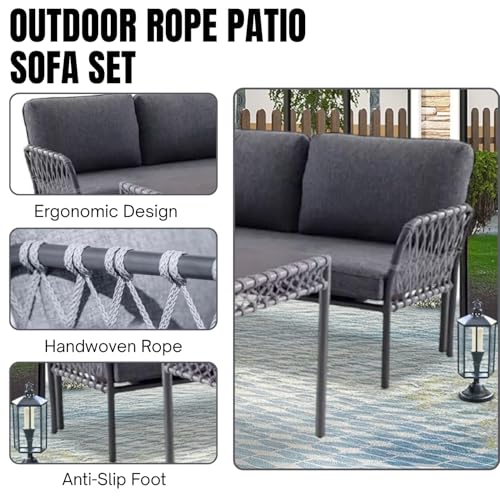 Image of DEVOKO Outdoor Rope 5 Seater L-Shape Sofa with Soft Washable Cushion & Glass Top Center Or Side Table for Garden, Pool, Patio, Backyard, Terrace (Grey)