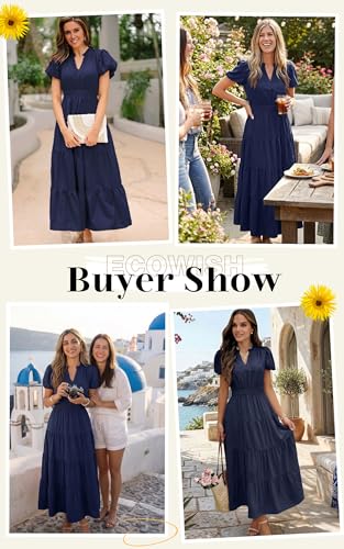 Image of ECOWISH Summer Maxi Dress for Women Casual Flowy V Neck Short Sleeve A Line Empire Waist Tiered Long Dresses with Pockets