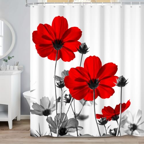 ASDCXZ Rot Blumen Duschvorhang 180x200 cm, Aquarell Rot Grau Gänseblümchen Blume Rustikal Bauernhaus Wasserdicht Badvorhang Polyester Textil Waschbar Duschvorhänge für Badewanne mit 12 Haken