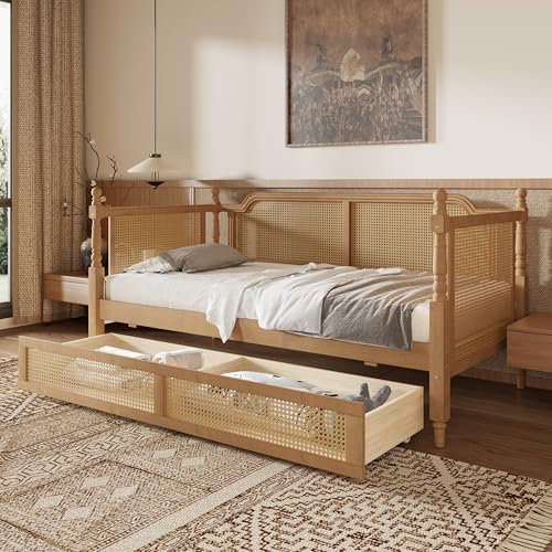 Merax Full Size Bedframe with 2 Storage Drawers and Footboard, Vintage Wooden Daybed Platform Bed with Natural Rattan Headboard, No Box Spring Needed, Noise-Free, Antique Walnut