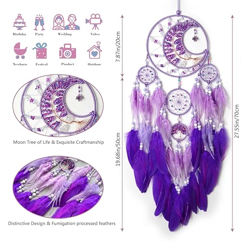 Large Dream Catchers, Handmade Woven Moon Healing Crystal Stone Dream Catcher Wall Hanging Ornament for Bedroom Living Room Wedding Party Decor, Festival Blessing Craft Gift (Purple Moon) - Image 4