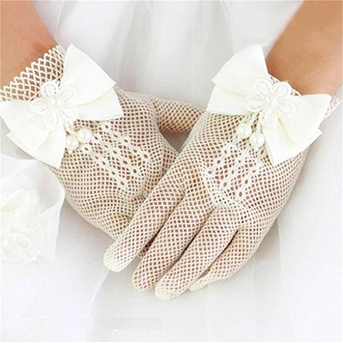 DreamHigh Wedding Flower Girls Mittens Pearl Bow Tie Fish Net Gloves- White3