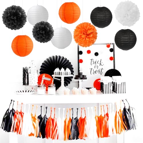 Image of Orange-Black White Party-Decorations Paper-Flowers Lanterns - 15PCS Halloween Tissue Pom Poms Streamers,Vintage Baby Bridal Shower Birthday Bachelorette Wedding Hanging Supplies Decor Hugfond