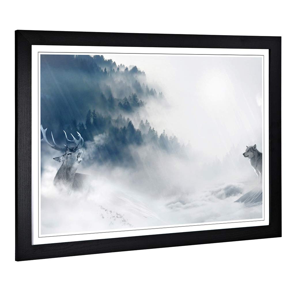 Big Box Art Framed Print of Wolf and Stag Forest Landscape Design | Wall Art Picture | Home Decor for Kitchen, Living, Dining Room, Bedroom, Hallway, Office, Black, A2 / 24.5x18 Inch / 62x45cm
