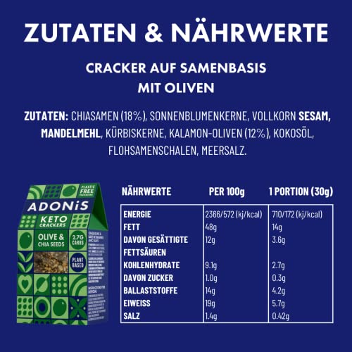 Adonis Keto Olive & Chia Seeds Crackers (10 x 60 g Packung) | Vegan & Keto-freundlich | 100% natürlich | Glutenfrei, zuckerfrei, palmölfrei, milchfrei | Zuckerarm, kalorienarm und kohlenhydratarm
