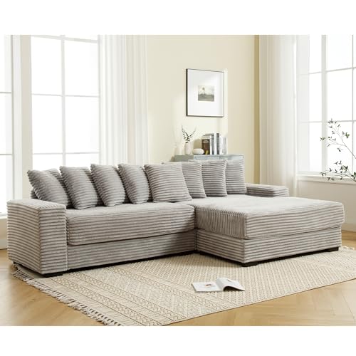 JUSTONE 111\'\' Modern Sectional Sofa Cloud Couch for Living Room, L Shaped Sofa, Corduroy,Right Chaise Daybed with Armrests,Eight Throw Pillows,Easy to Assemble,Gray