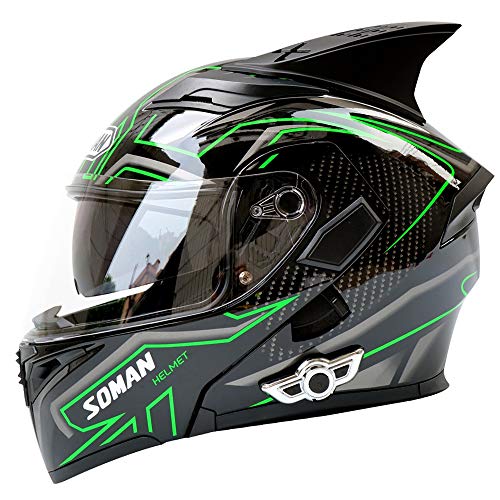 Wang&WD Motocicleta Casco Bluetooth Anticolisión Modular Green Helmet-D.O.T Certificación Anti Niebla Doble Espejo Respuesta automática Mp3 Hombre y Mujer,XXL