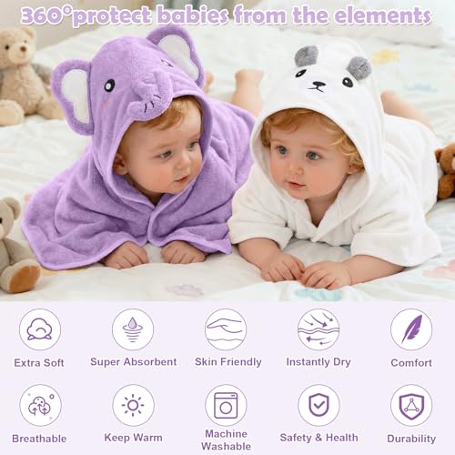 Image of 12 PCS Baby Towels Set, Baby Bath Towels for Toddlers Newborn Essentials | Super Thick Absorbent, Animal Hooded, Soft Cozy, 4 Baby Towels & 8 Washcloths for Girl Boy (Penguin, Elephant, Rabbit, Bear)