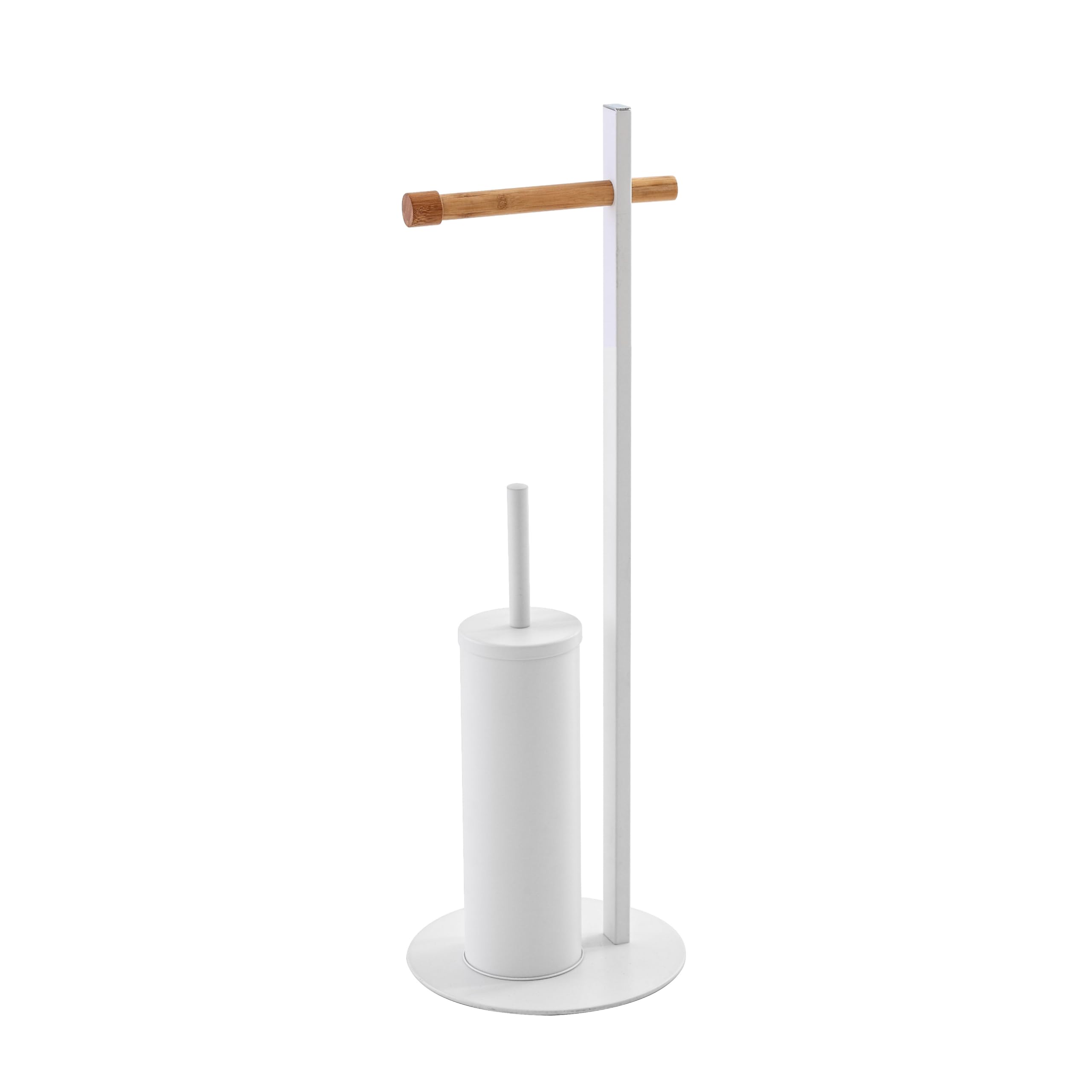 eacommerce Lampadaire porte-brosse de toilette + porte rouleau de salle de bain en acier couleur blanc mat bambou