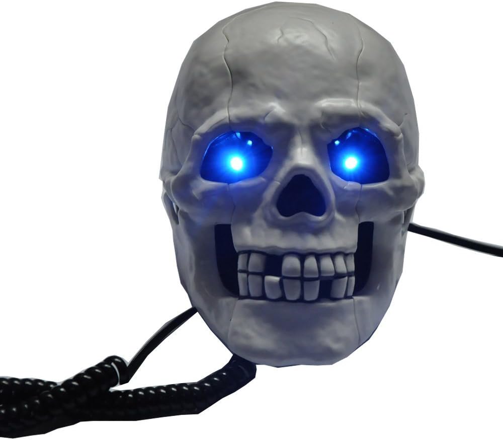 White Scary Cool Skull Skeleton Shaped Telephone Land Fixed Line Desk Wired Corded Phone with Blue Led Flashing Eyes Punk Gothic Creative Funny Home Office Decoration Gifts