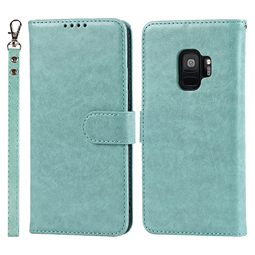 Cavor for Samsung Galaxy S9 Wallet Case for Women Flip Folio Kickstand PU Leather Case with Card Holder Wristlet Hand Strap Stand Protective Cover for Galaxy S9 5.8'' Phone Cases-Light Green