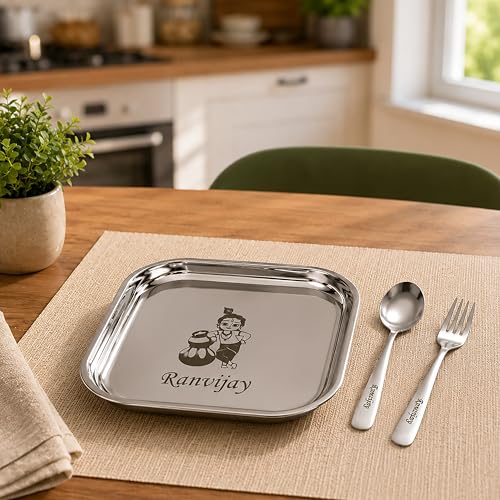 Image of SAVRI Personalized Stainless Steel Square Lunch & Dinner Plate with Spoon & Fork Name & Favourite Character Engraved. Kids, Birthday Party, Return Gift Snacks. Size - 7 * 7 Inches.