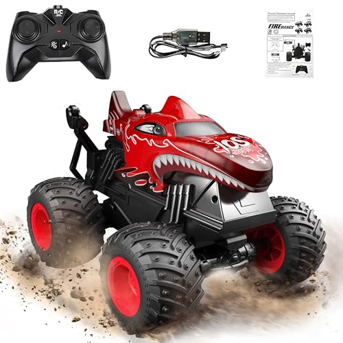 Image of BEZGAR Monster Truck Toys - Remote Control Monster Truck with Light & Music, Dinosaur Toys for Kids, 1:20 Scale RC Truck with 360 Spins and Drifting, Remote Control Car for Boys 4-7 Red