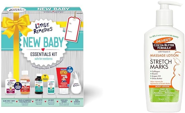 Little Remedies New Baby Essentials Kit with 6 Must-Haves for Stuffy Noses, Upset Tummies, Gripe Water, Fever Reducer & Diaper Rash Cream + Palmer's Cocoa Butter 8.5oz Pregnancy Stretch Mark Lotion
